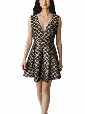 XTaren Leopard Print Fit & Flare Sleeveless V-Neck Jacquard Dress Animal Size L